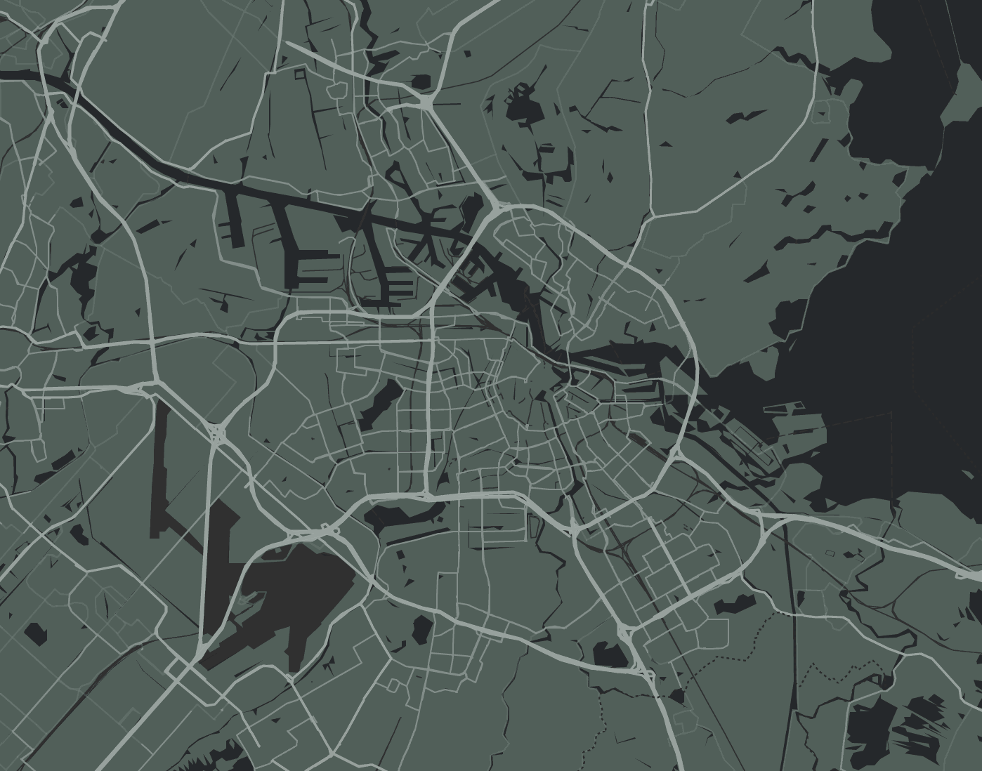 A dark green street map of Die Eurostadt, built over the geography of Amsterdam