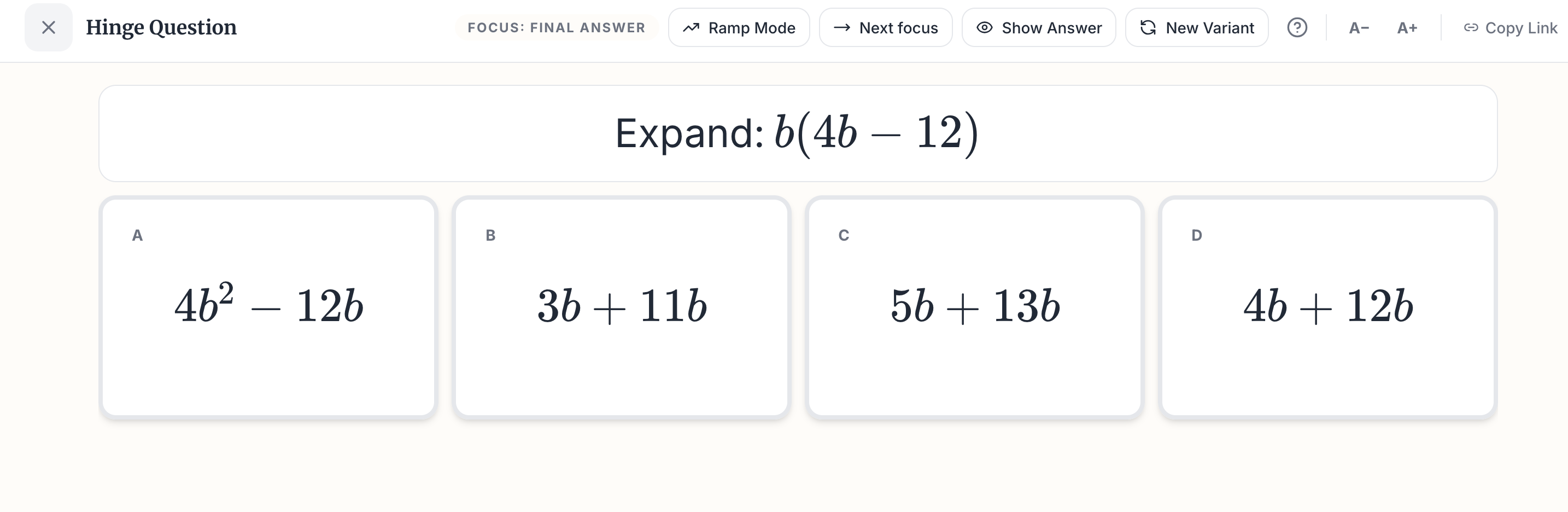 A TeachMaths hinge question asking pupils to expand b(4b − 12), with four multiple-choice answers